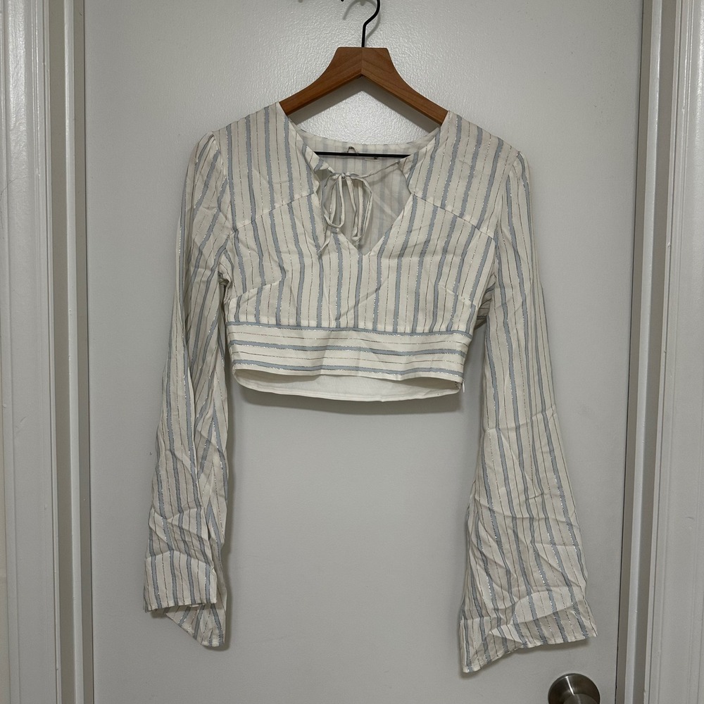 Tularosa x Revolve | Striped Blue Gold Metallic Bell Sleeve V-Neck Crop Top, S